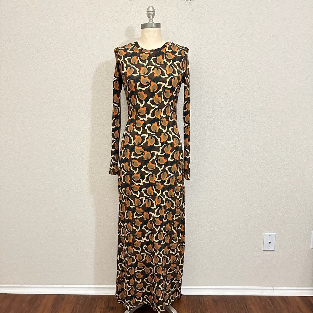 MALIPARMI Maxi Dress Brown Orange Abstract AOP LS Jersey